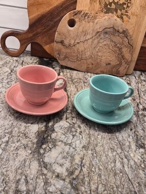 Fiesta Ware Coral Pink & green Ceramic Coffee Flat cups & Saucer with Signature